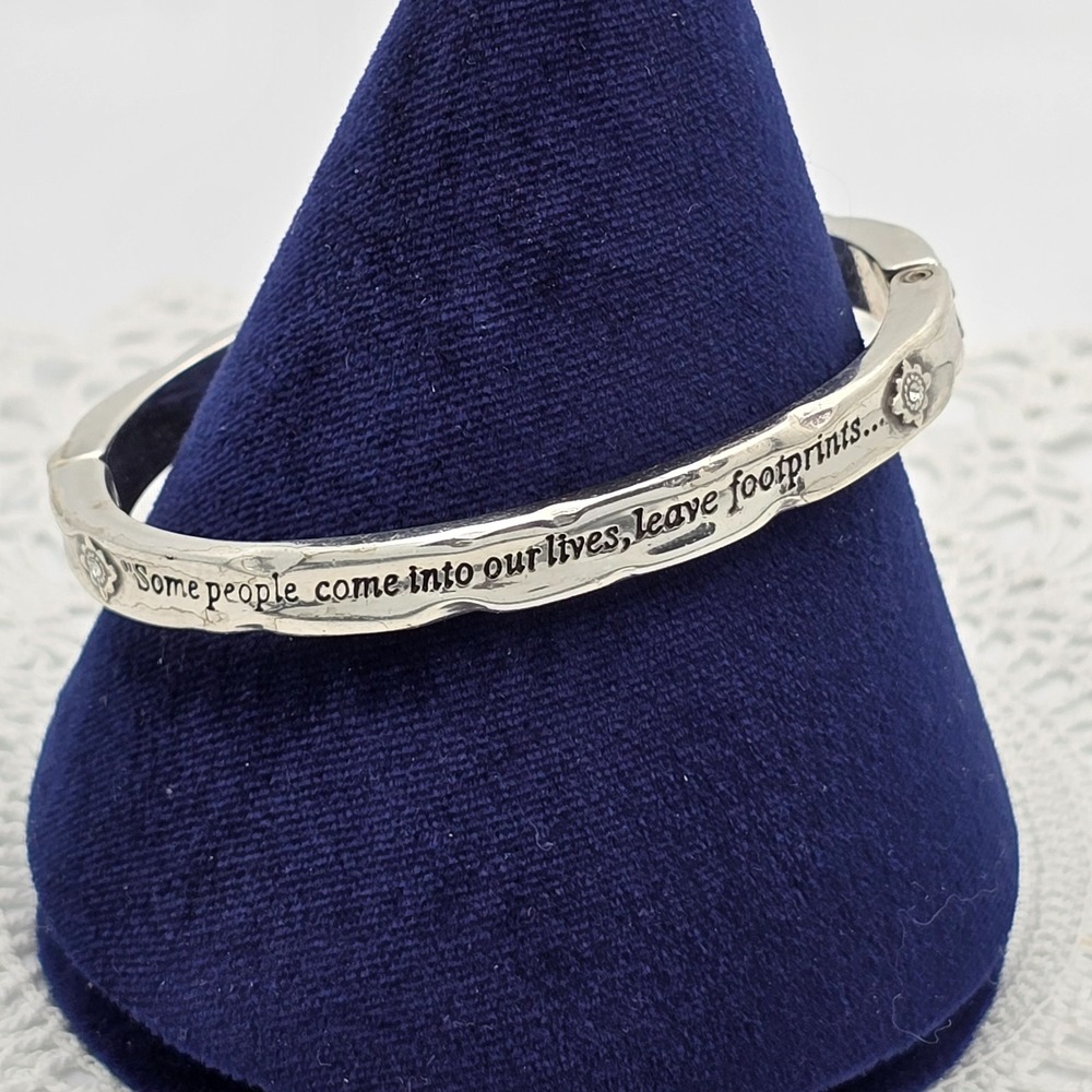 Brighton Footprints Bangle Bracelet Silver Tone Crystal Hinged Clamper 6"